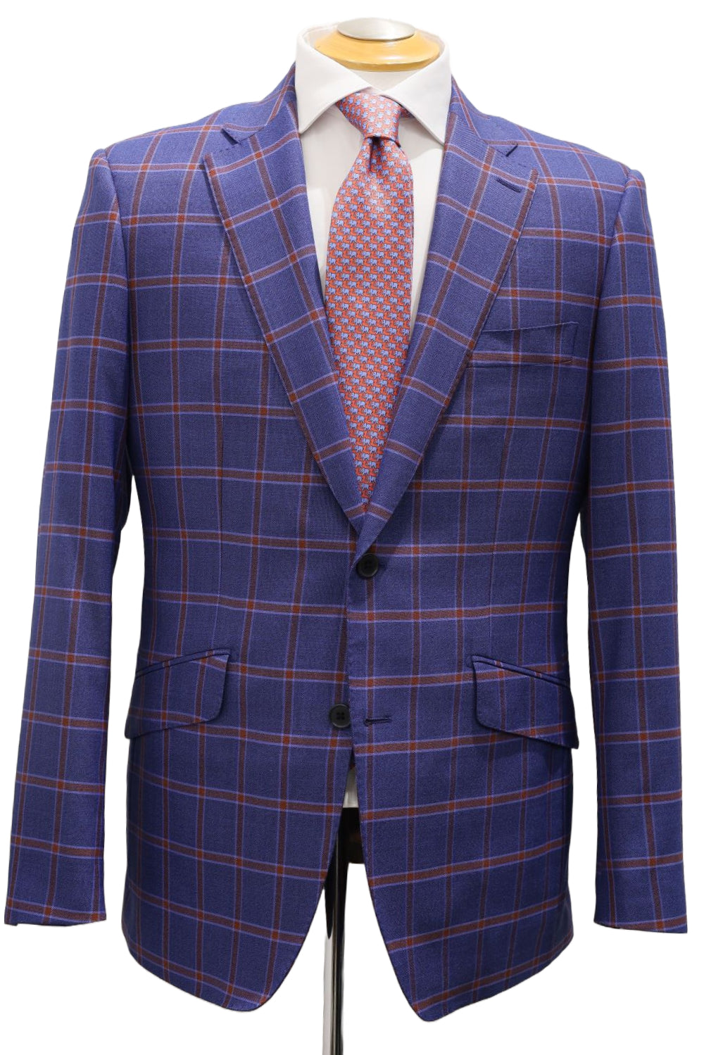 Red Window Pane on Mid Blue Wool Linen Silk Jacket