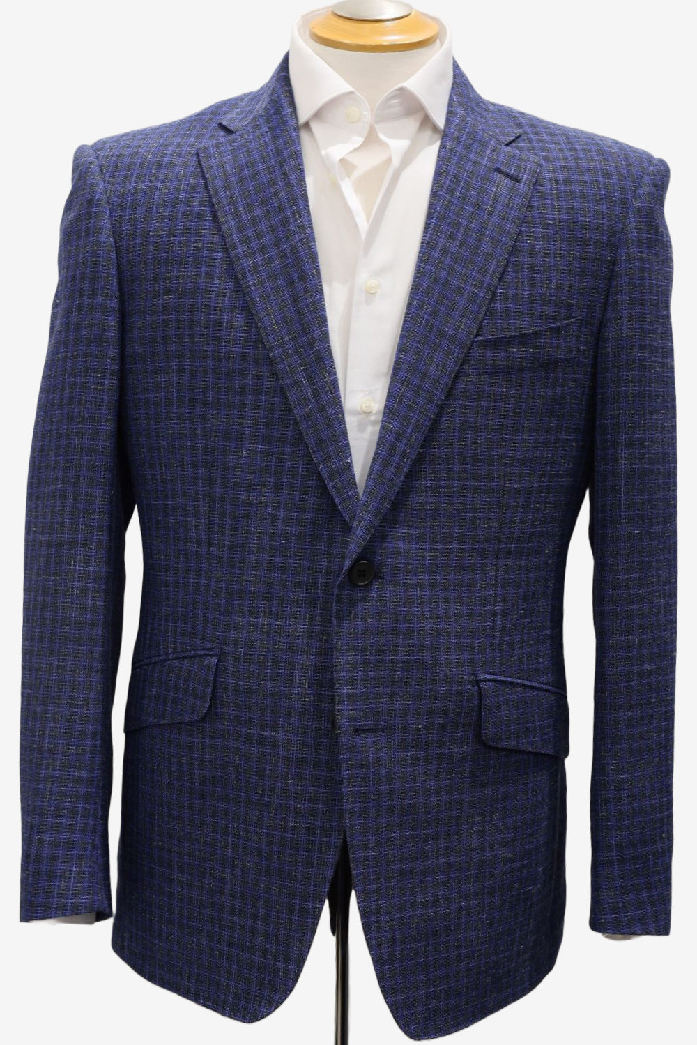 Sky on Navy Small Windowpane Wool Linen Jacket