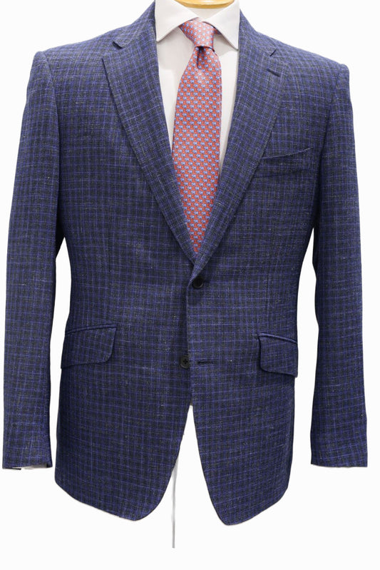 Sky on Navy Small Windowpane Wool Linen Jacket