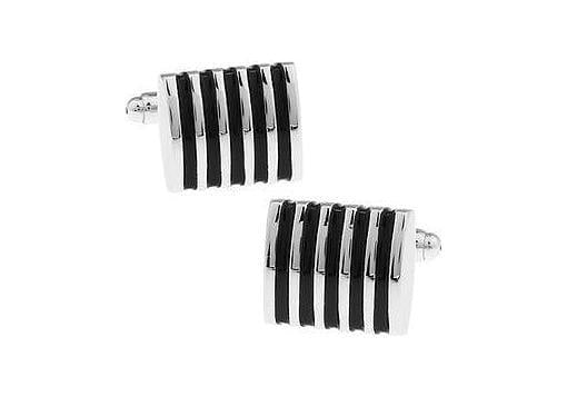 Black Enamel & Silver Curved Stripe Cufflinks - Just White Shirts