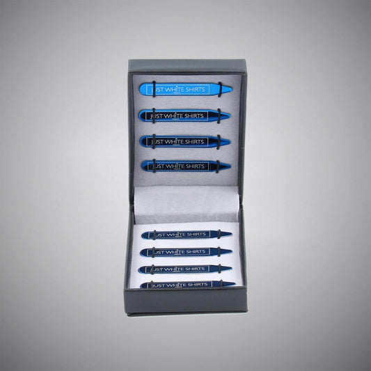 Blue Chrome Stainless Steel 8 Piece Collar Stay Gift Set In Box - Just White Shirts