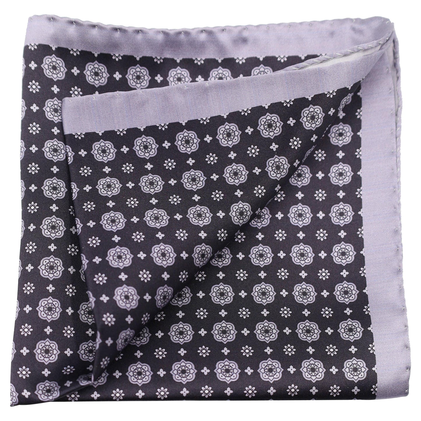 Grey Blue Foulard on Black SIlk Pocket Square - Just White Shirts