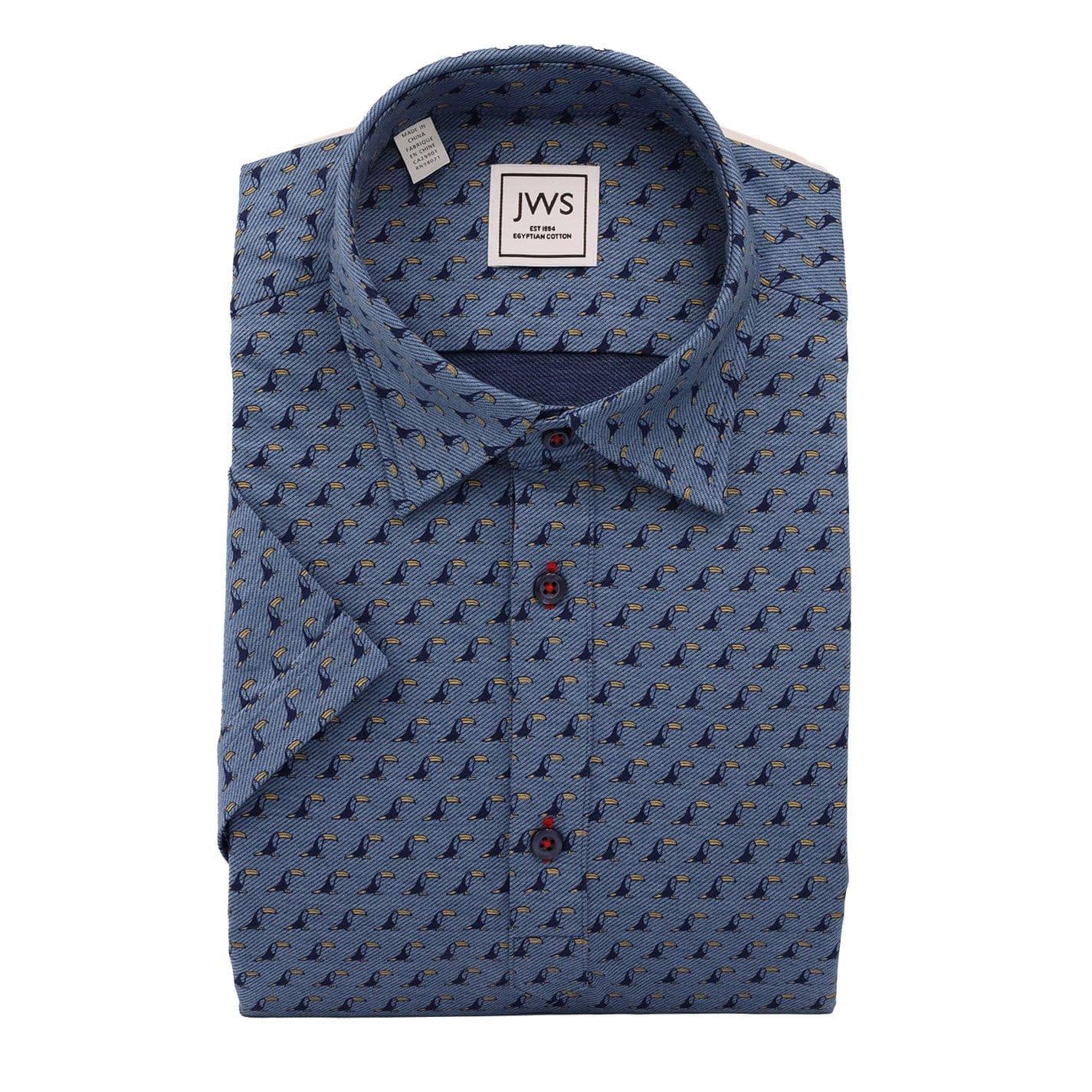 Printed Bird Design on a Blue Twill Knit Polo Shirt - Just White Shirts