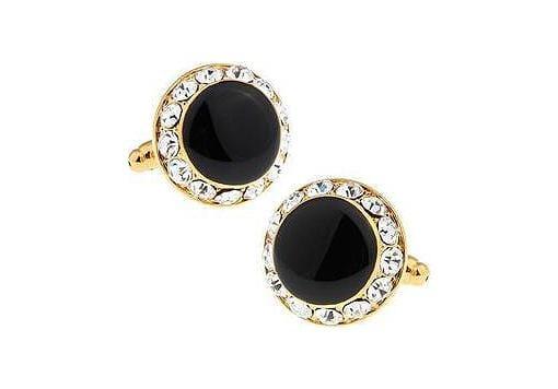 Round Black Enamel and White Crystal Cufflinks - Just White Shirts