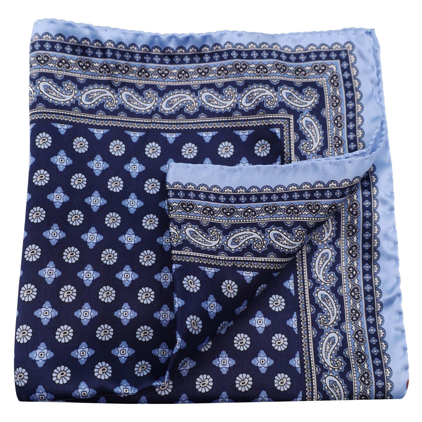 Sky Blue Medallions on Navy SIlk Pocket Square - Just White Shirts