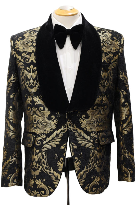 Gold Jacquard on Black Velvet Tuxedo Jacket
