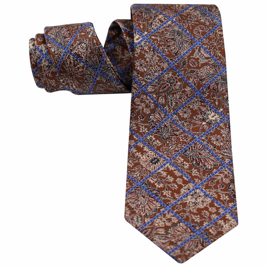 BEIGE LEAFS ON MAROON WITH MID BLUE OVERCHECK SILK TIE - Just White Shirts