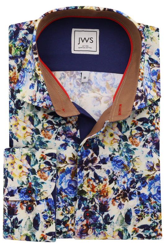 Blue and Yellow Floral on Ivory Ground - Just White Shirts