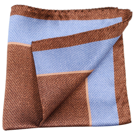 Brown Herringbone with Sky Border Silk Pocket Square - Just White Shirts