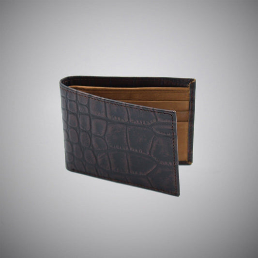 Dark Brandy Wine Crocodile Skin Embossed Calf Leather Wallet With Tan Suede Interior - Just White Shirts