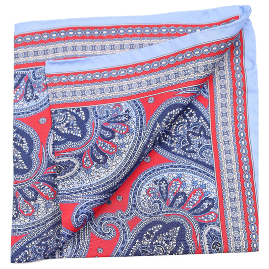 Sky Blue Navy and Red Paisley Silk Pocket Square - Just White Shirts